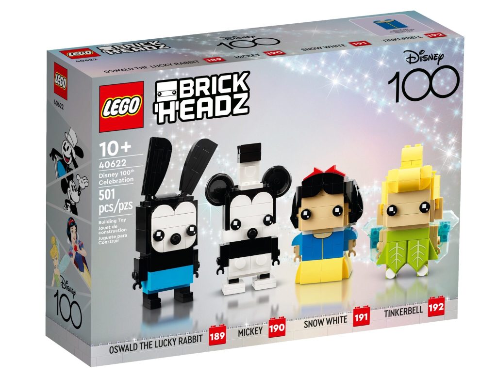 Celebration of the 100 years of Disney with Brickheadz, including Oswald, Mickey, Snow White and Tinkerbell