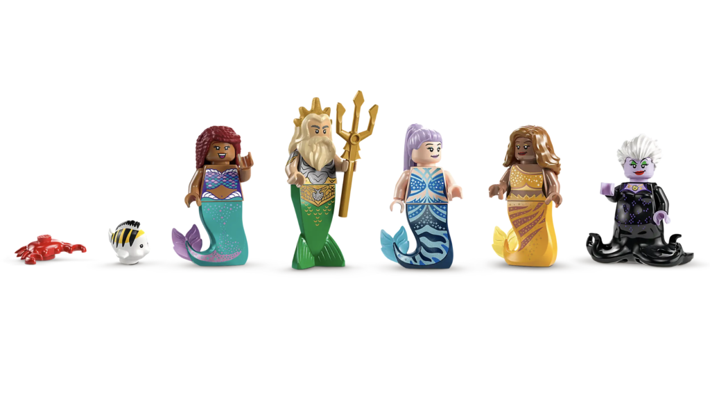 LEGO Minifigures for the set Little Mermaid Royal Clamshell. Ariel, Ursula, King Triton, Sebastian, Flounder, and Ariel’s sisters Indira and Karina